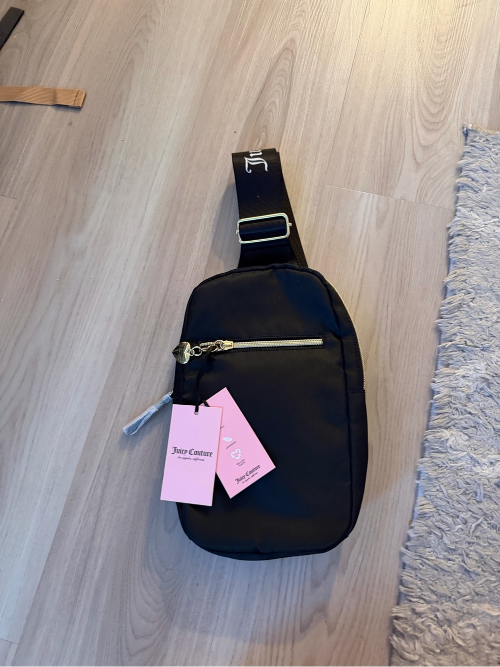 NWT Juicy Couture Black Belt Bag with Pink Tags and Gold Hardware